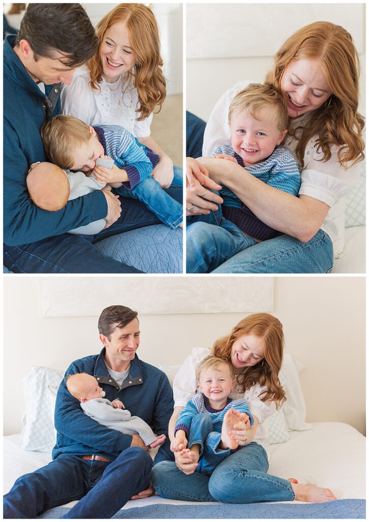 A series of three photos with a toddler boy snuggling and being tickled by his mom or hugging his baby brother during a newborn session in Richmond, Virginia.