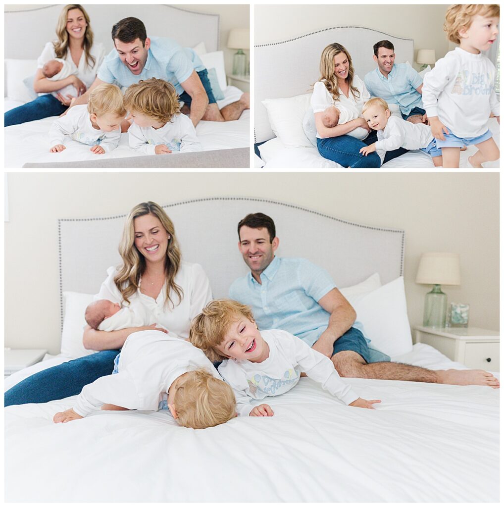 A family of five laugh and play on a bed during a newborn session in Richmond, Virginia.