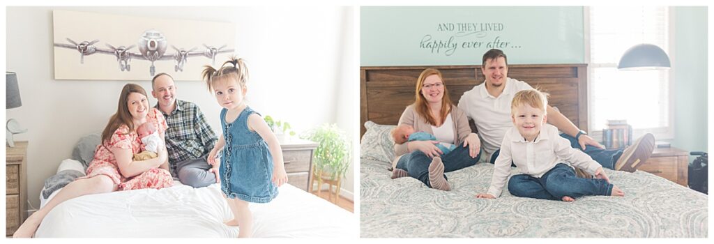 Two images of families on beds and a toddler up front, with the parents looking on during newborn sessions in Richmond, Virginia.