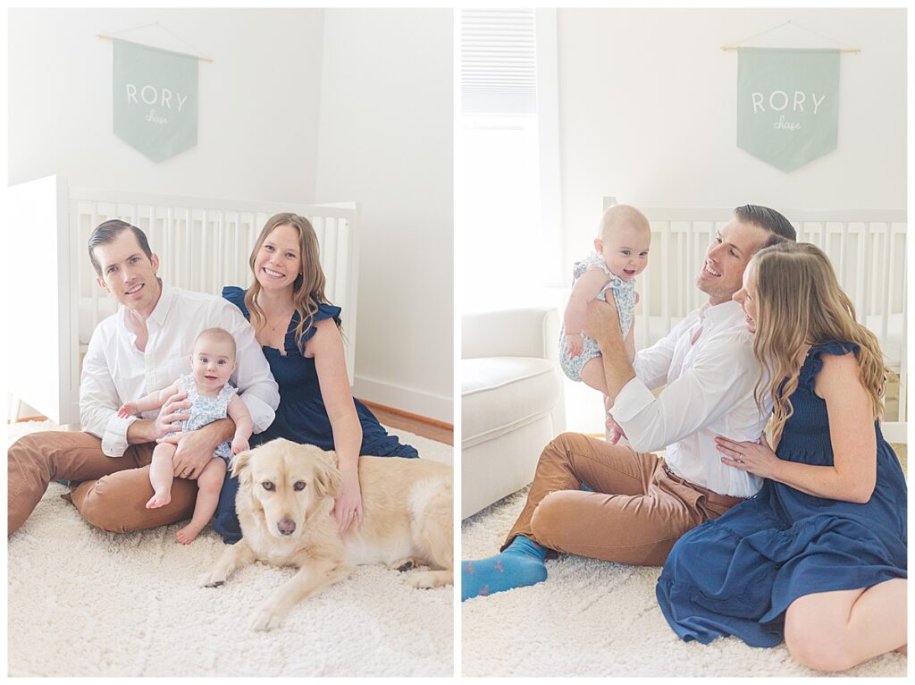 A mom, dad, and baby play and smile together during a lifestyle newborn session with an older baby in Richmond, Virginia.