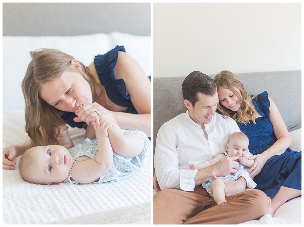 A mom and dad snuggle with their baby during a lifestyle newborn session with an older baby in Richmond, Virginia.