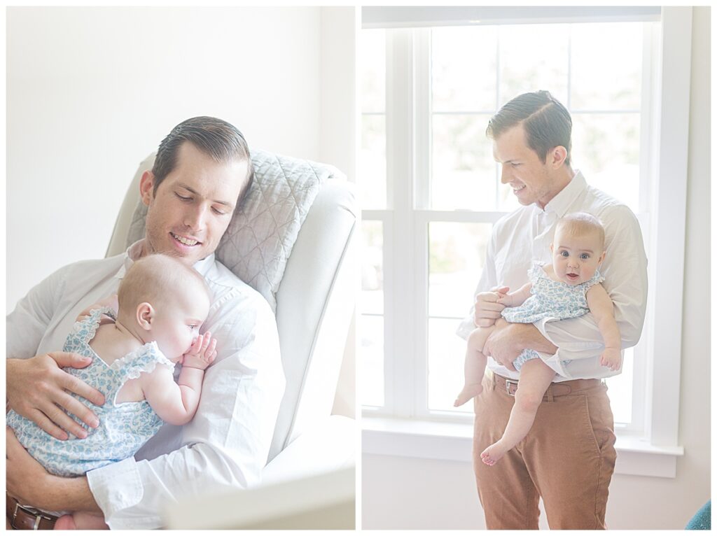 A baby snuggles her dad during a lifestyle newborn session with an older baby in Richmond, Virginia.