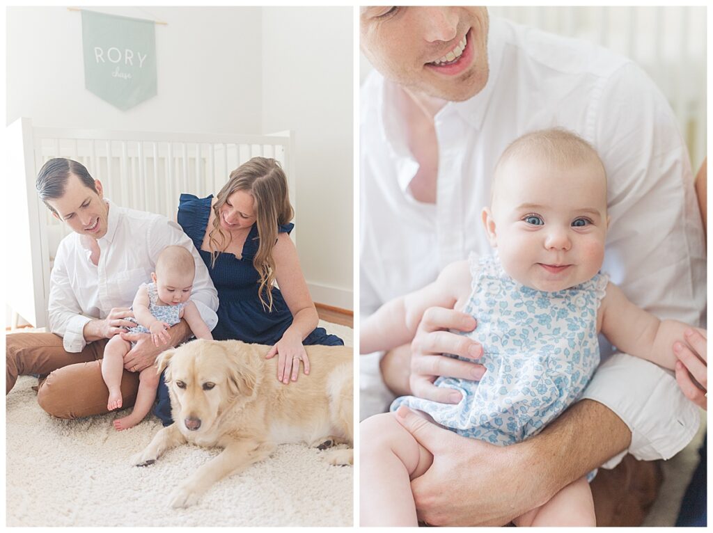 The family pets their dog during a lifestyle newborn session with an older baby in Richmond, Virginia.