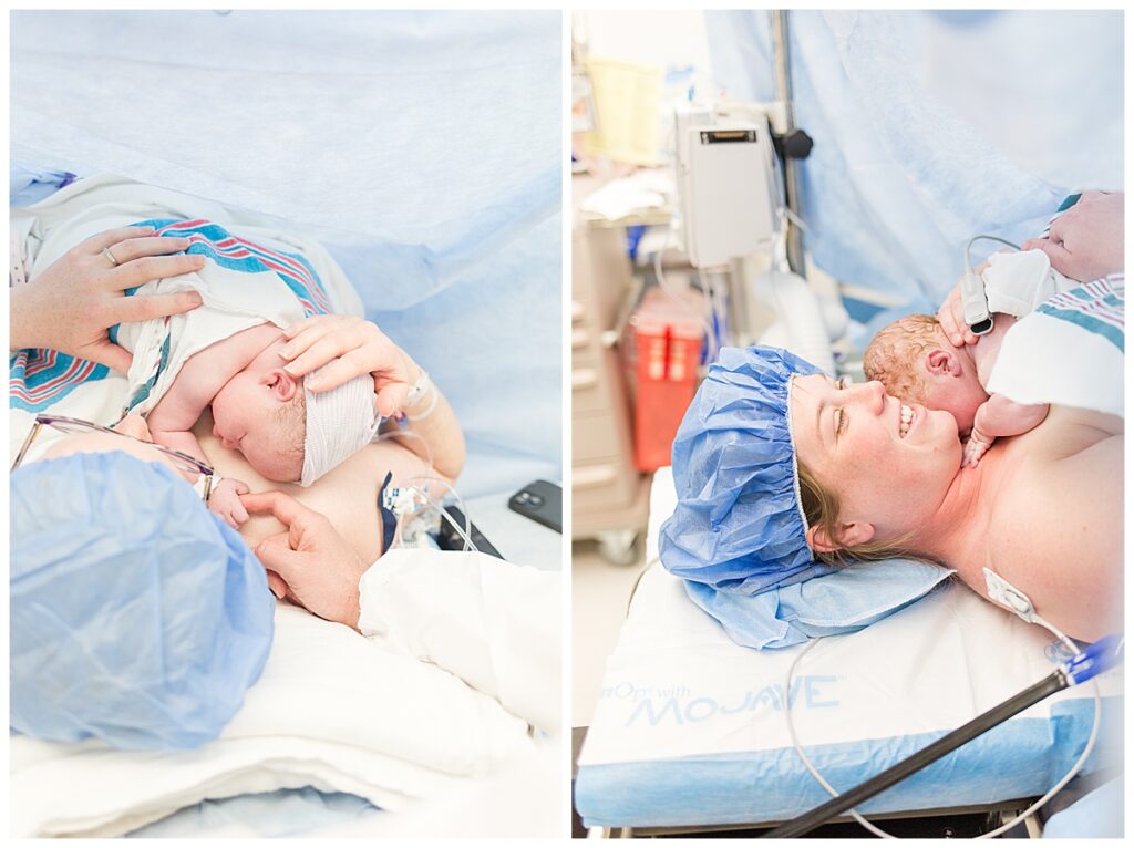 New moms have skin-to-skin with their babies in the operating room following  positive c-sections.