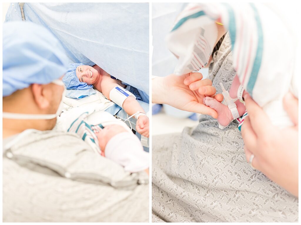 A mom lays on the operating table looking lovingly at her husband holding their newborn baby after a positive scheduled c-section.