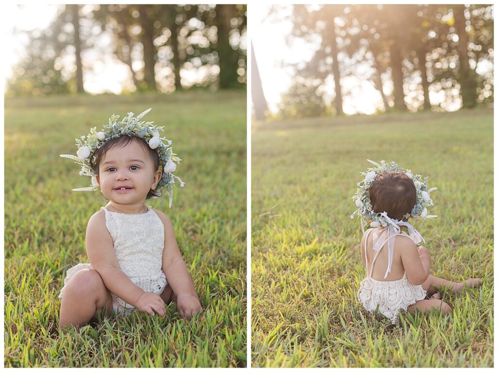 Baby girl in flower crown at her first birthday session at Cold Harbor Battlefield Park.