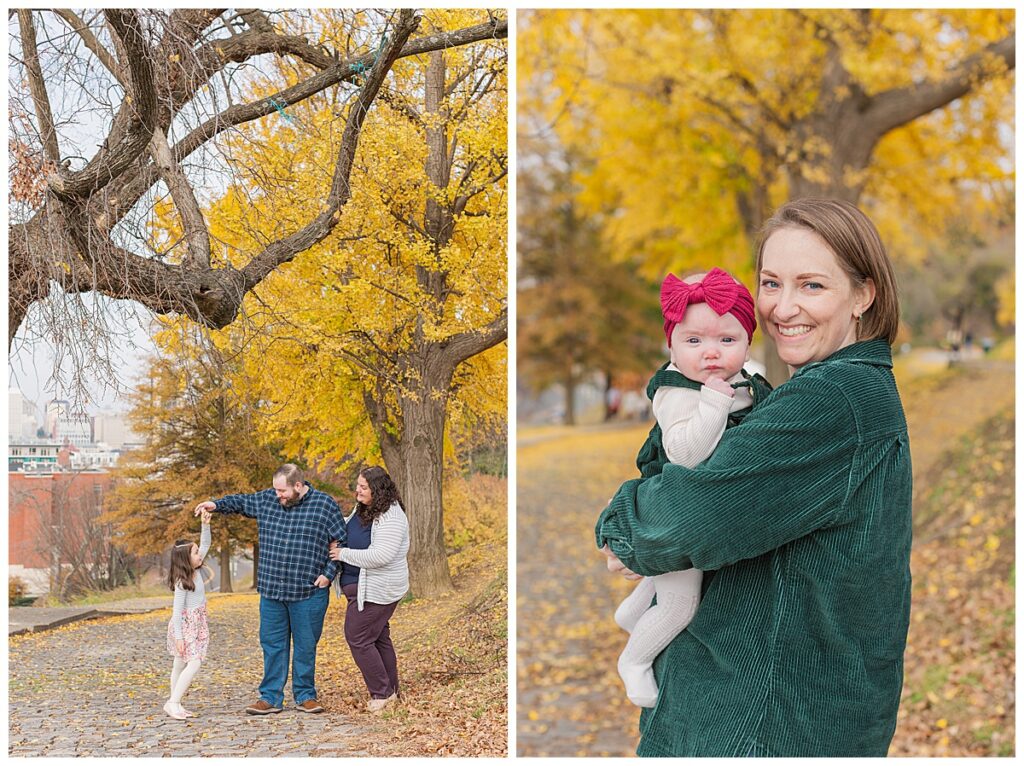 Fall foliage during family photos at Libby Hill Park in Richmond, Virginia.