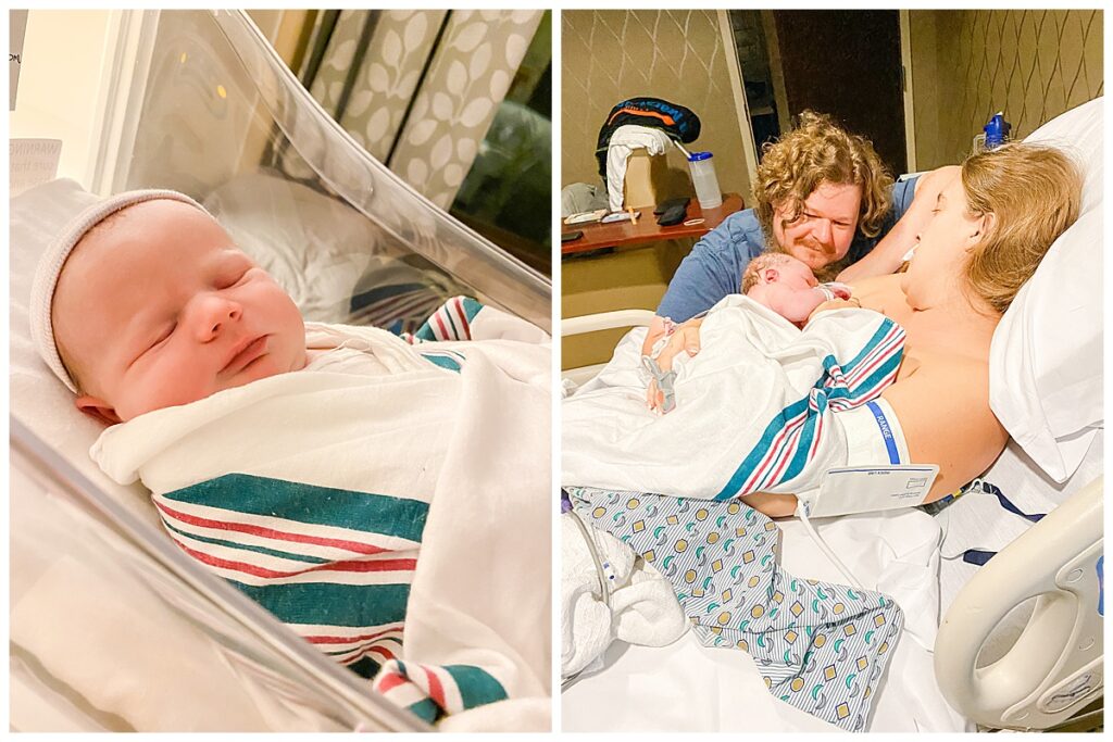 New parents admiring their newborn baby in the hospital.