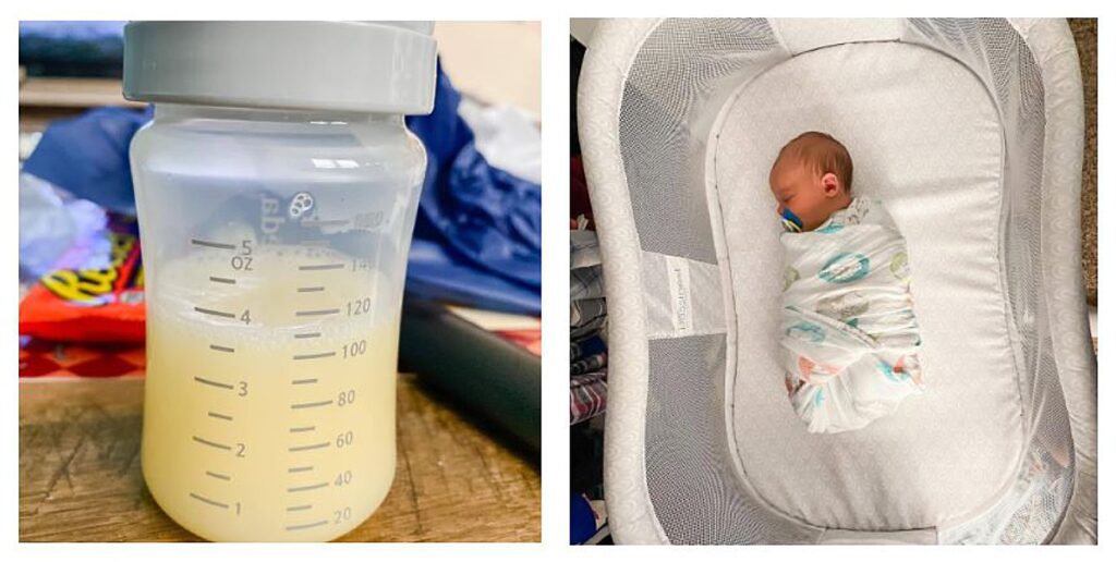 The first pumped milk and my newborn baby. A mom's breastfeeding and exclusive pumping story.