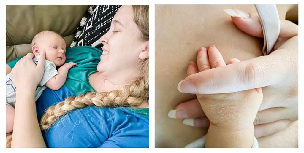 A newborn baby snuggled on mom's chest next to a newborn baby's hand holding mom's along with a nursing bra strap.