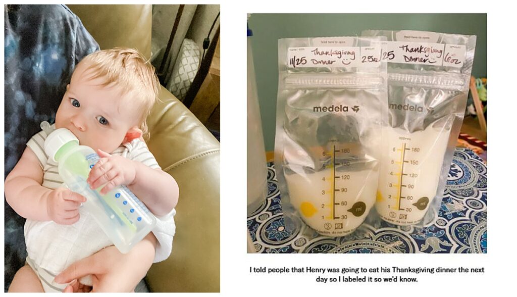 An infant holding onto a bottle, alongside a photo of two bags of breastmilk labeled Thanksgiving Dinner. A mom's breastfeeding and exclusive pumping story.