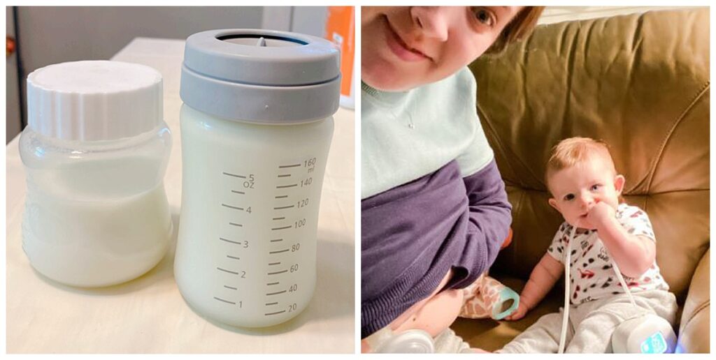 A mom pumping milk while her baby plays with the breast pump, along with a photo or breastmilk in collection cups. A mom's breastfeeding and exclusive pumping story.