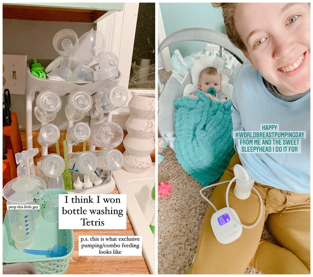 A new mom pumping milk with her baby nearby and a photo of all the exclusive pumping dishes drying. A mom's breastfeeding and exclusive pumping story.