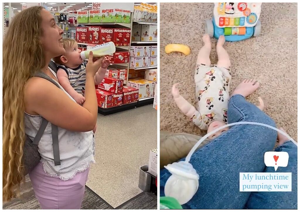 A mom feeding her baby a bottle of both breastmilk and formula while shopping.