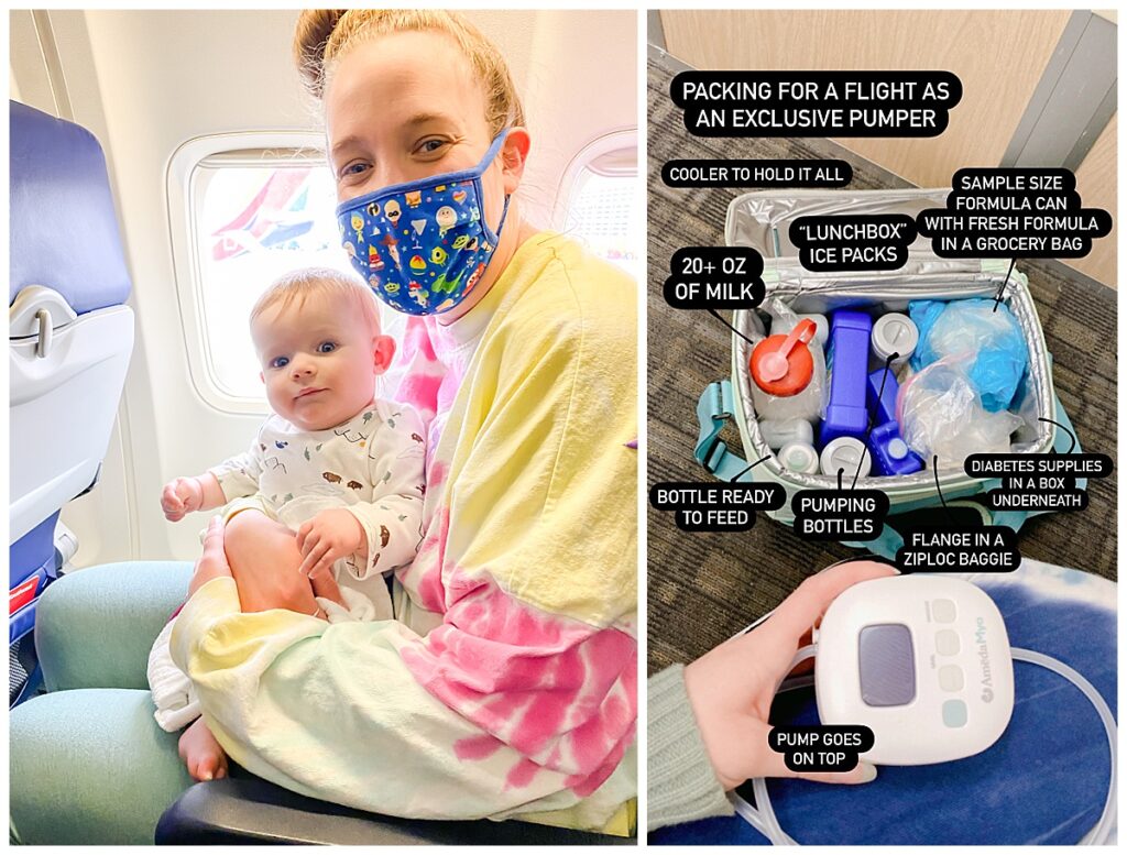 A mom and baby on an airplane. A photo of a cooler with breastmilk and pumping supplies to combo feed a baby.