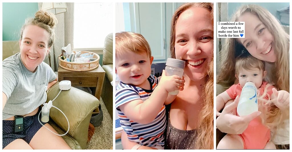 A mom pumping milk, holding her baby and cup of breastmilk, and feeding her baby a bottle of breastmilk. A mom's breastfeeding and exclusive pumping story.