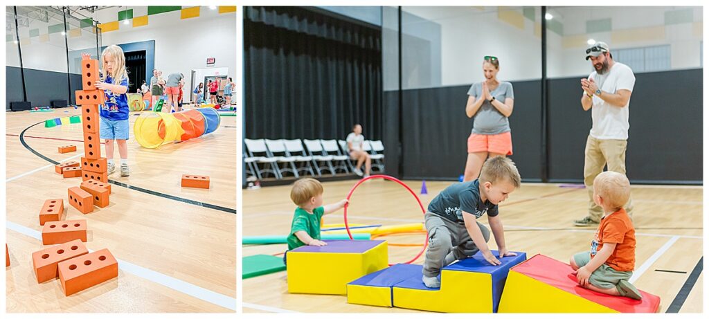 Kids play with blocks and mats inside at a free Hanover Parks and Recreation weekly activity.