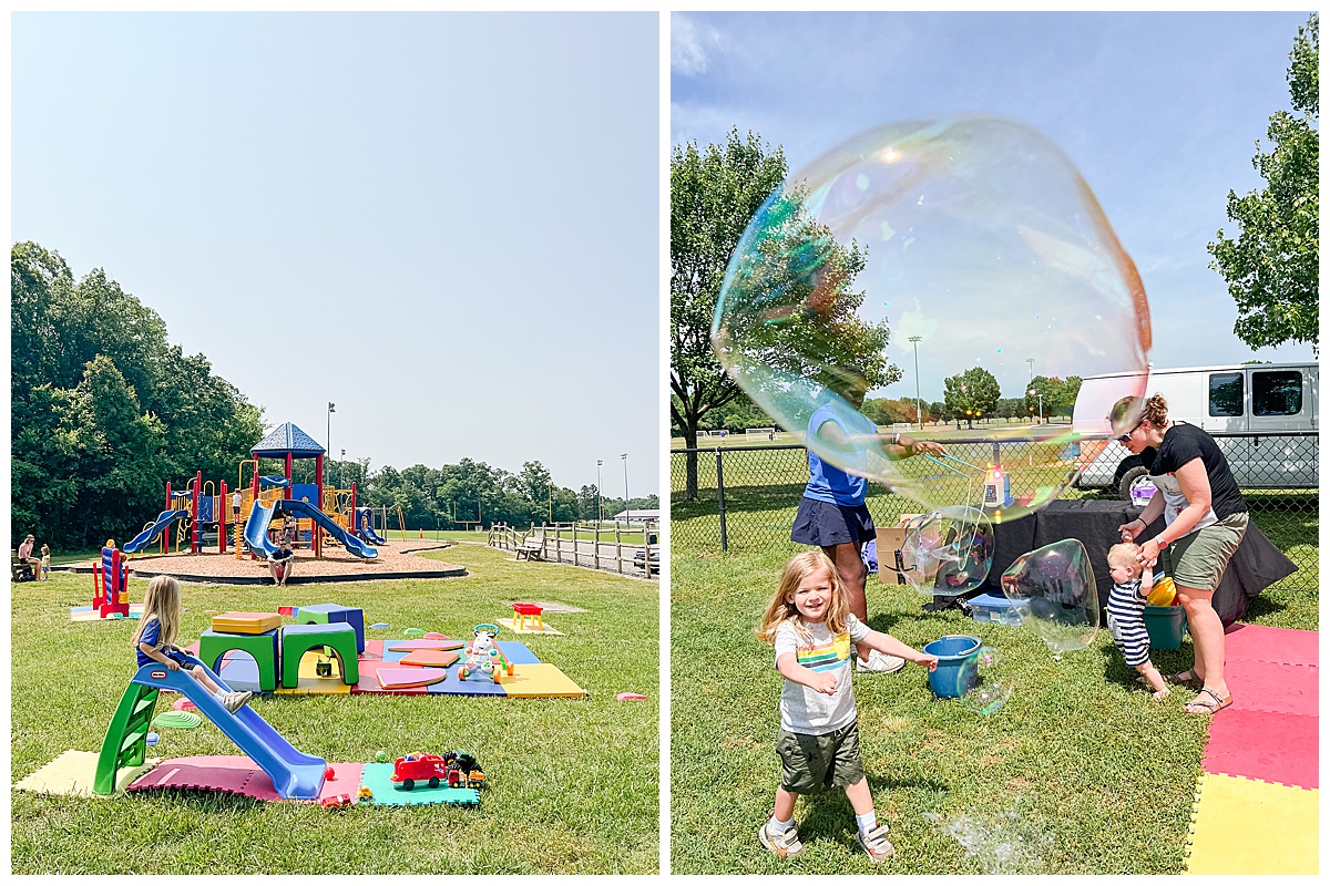 Toddlers play outside at a playground at a free Hanover activity with bubbles and slides