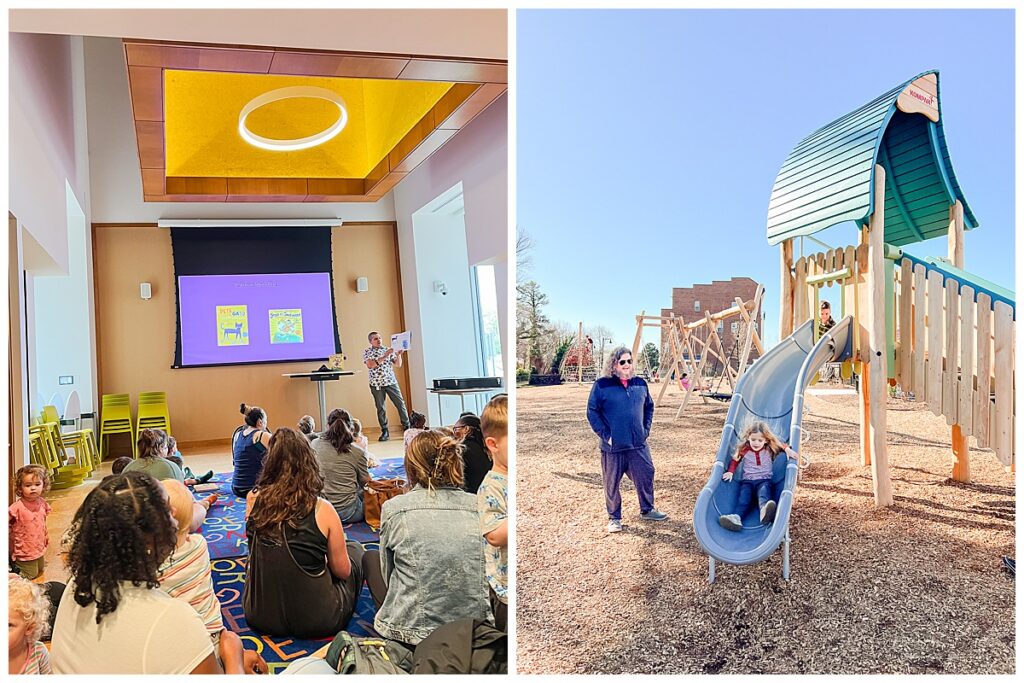 A library storytime with a playground nearby.