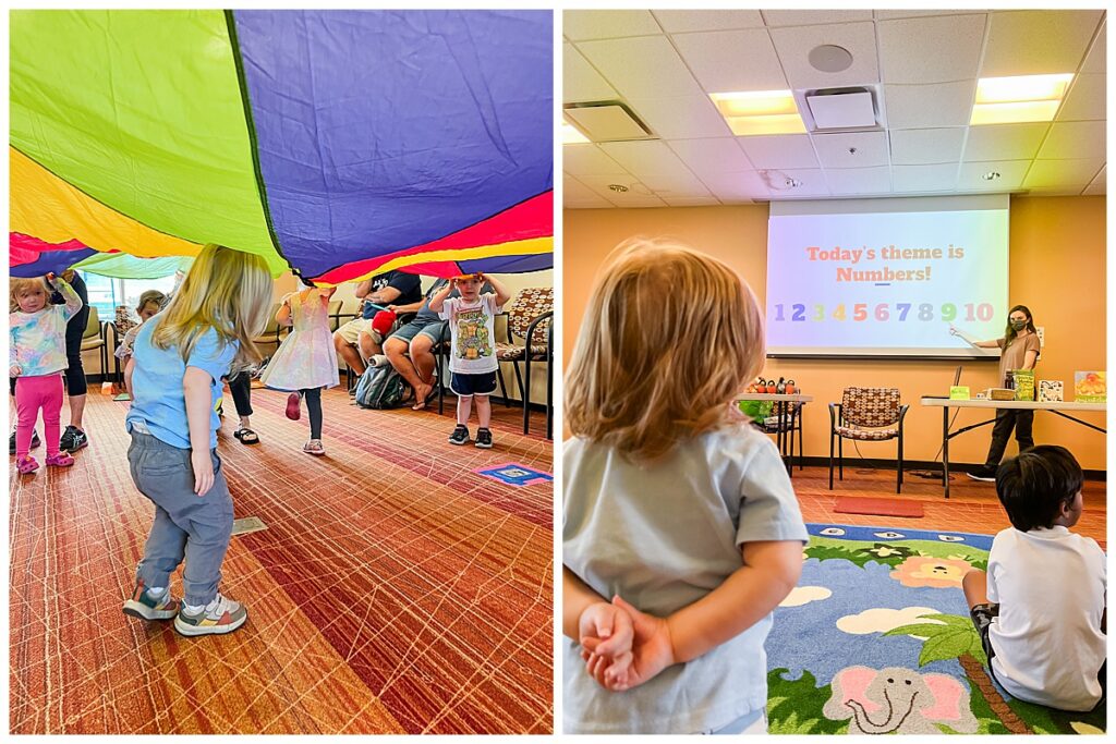 A child listens, and children play with a parachute at a library storytime in Hanover County, Virginia.