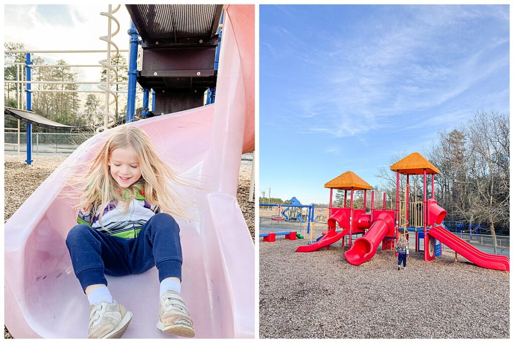 A child plays outside at a school playground.