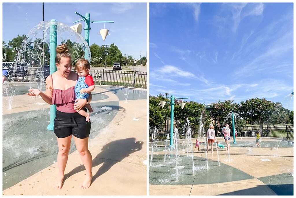 A family plays outside at a free splash pad near Mechanicsville, Virginia.