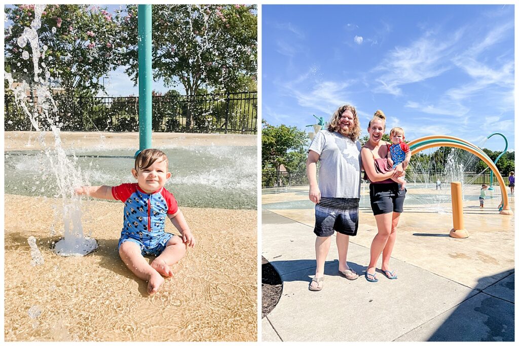 A family plays outside at a free splash pad near Hanover County.