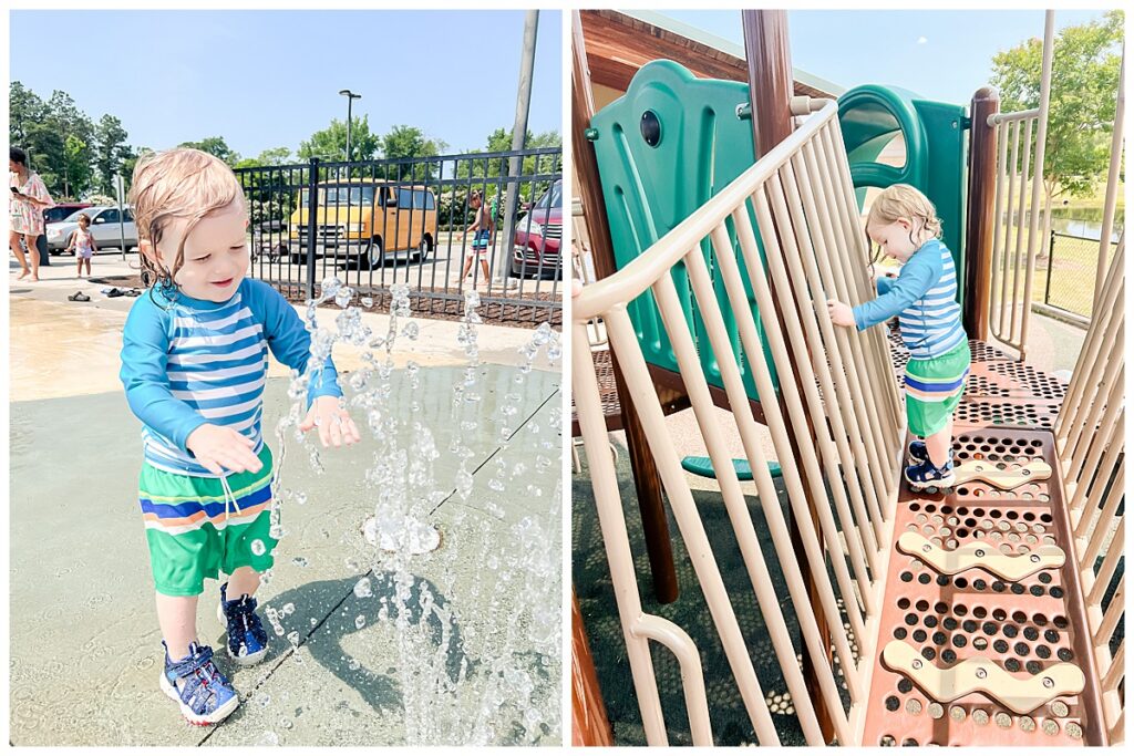 A child plays outside at a playground and splash pad near Hanover County.