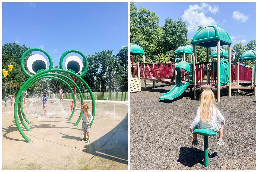 A child plays outside at a playground and splash pad.