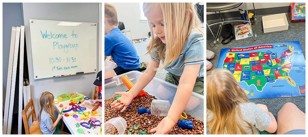 A child plays with play doh, a sensory bin and a puzzle at a library playgroup.